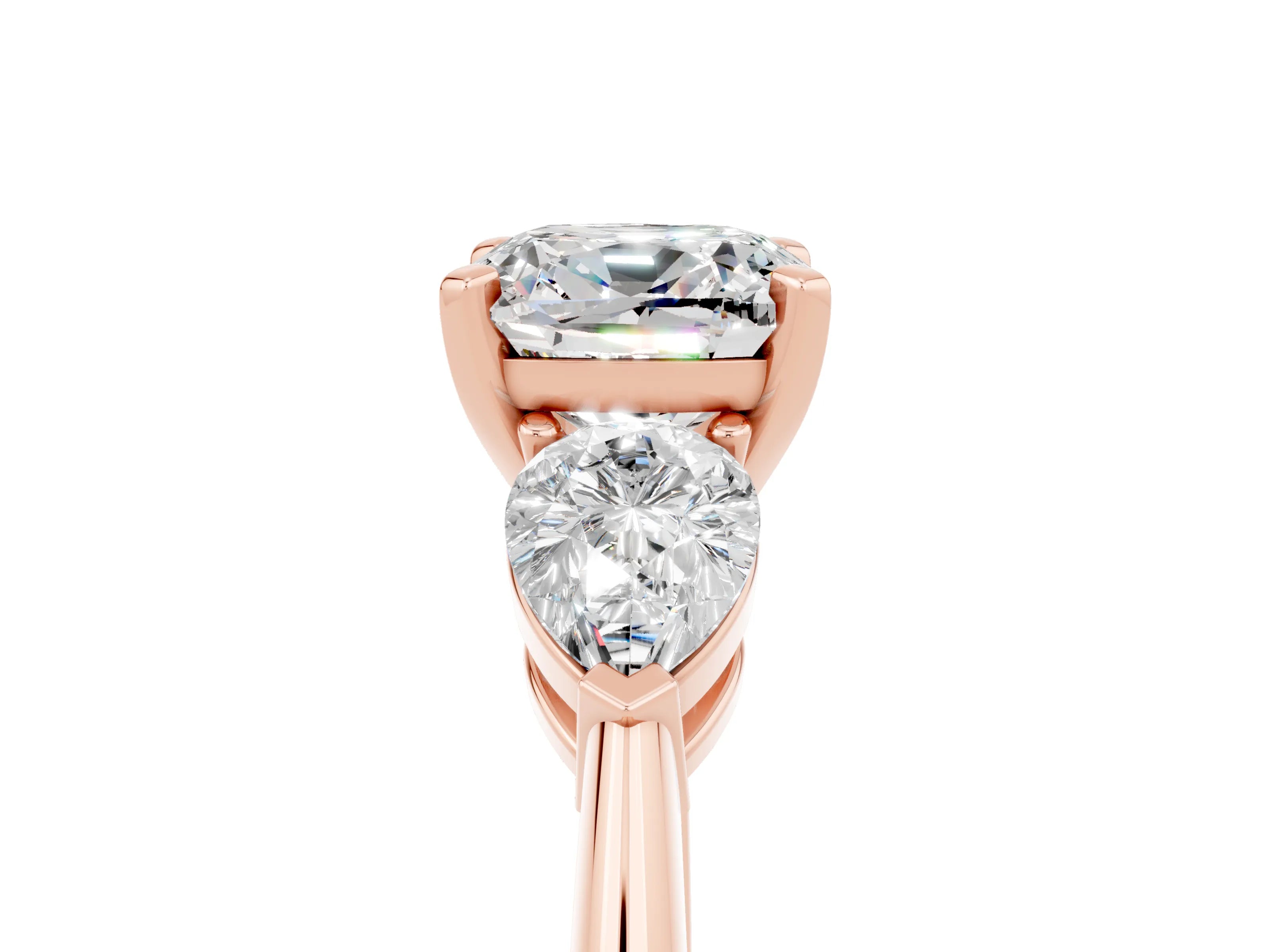Rose gold Three-Stone Cushion Cut Moissanite Ring with Pear Side Stones and Four-Prong Setting_5
