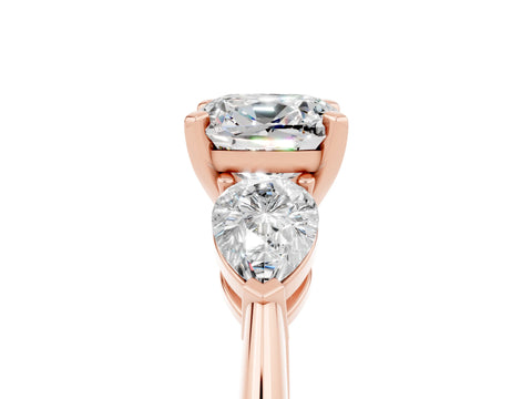 Rose gold Three-Stone Cushion Cut Moissanite Ring with Pear Side Stones and Four-Prong Setting_5