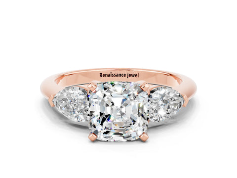 Rose gold Three-Stone Cushion Cut Moissanite Ring with Pear Side Stones and Four-Prong Setting