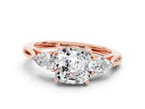 Rose gold Three-Stone Cushion Cut Moissanite Ring with Pear  Side Stones in Four-Prong Setting_12
