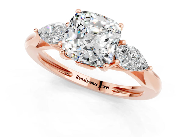 Rose gold Three-Stone Cushion Cut Moissanite Ring with Pear  Side Stones in Four-Prong Setting