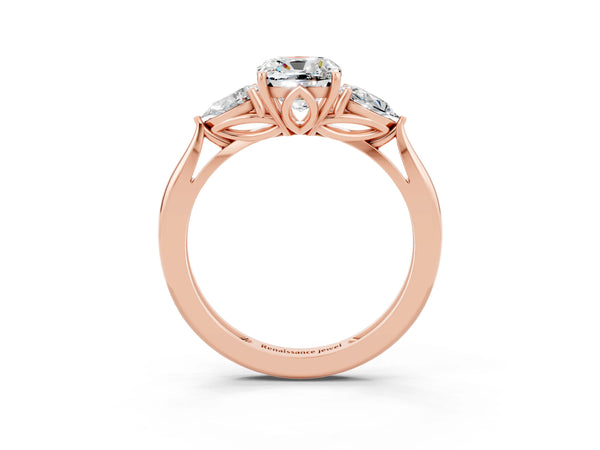 Rose gold Three-Stone Cushion Cut Moissanite Ring with Pear  Side Stones in Four-Prong Setting