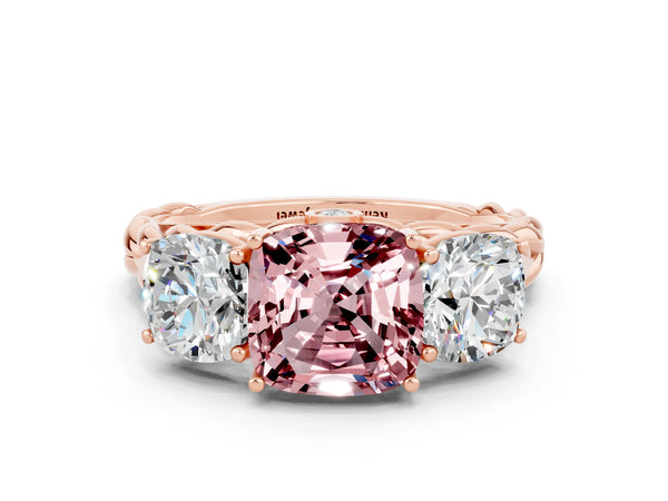 Rose gold Three-Stone Cushion Cut Morganite Braided Band Ring with Four-Prong Setting