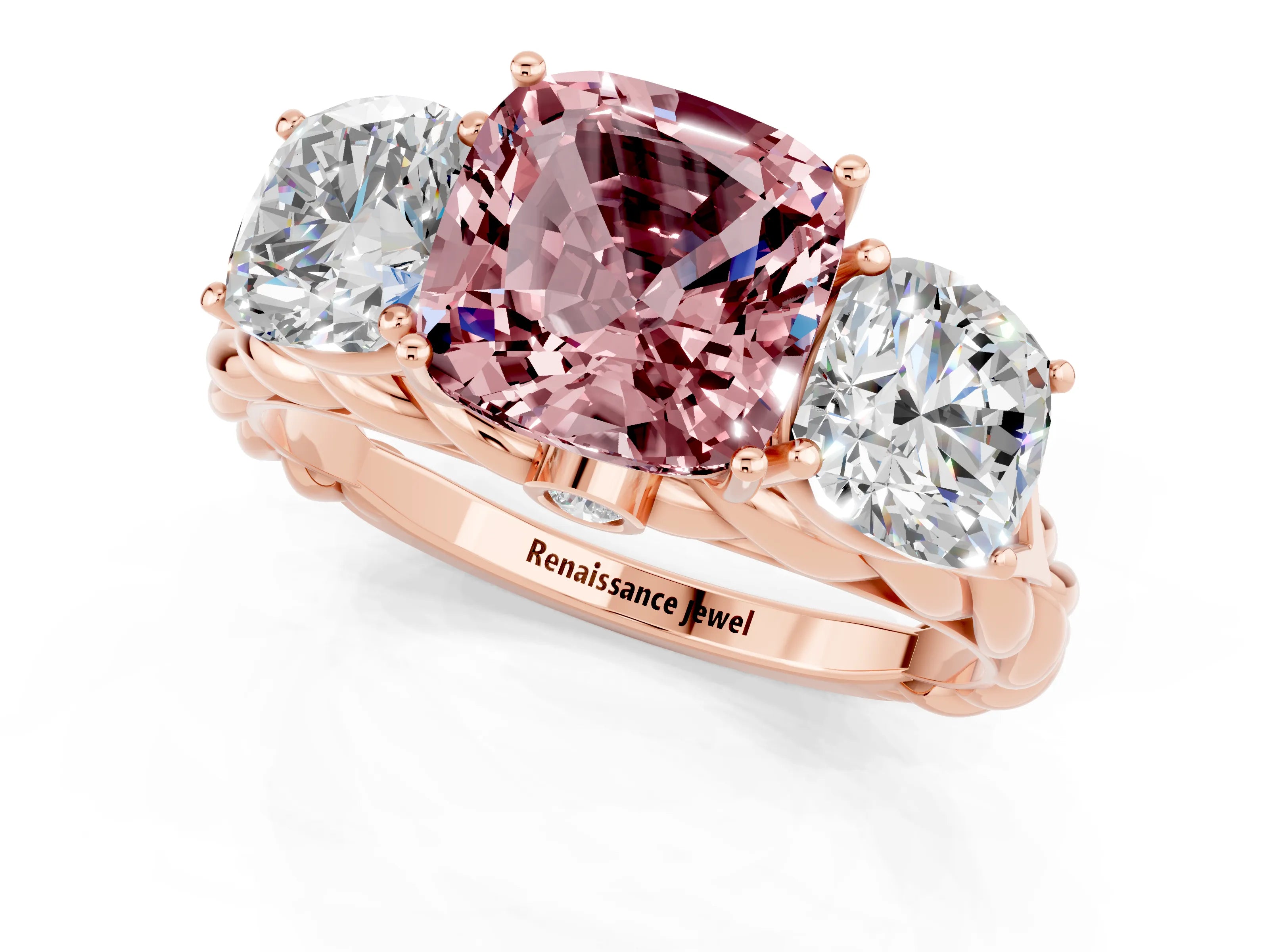 Rose gold Three-Stone Cushion Cut Morganite Braided Band Ring with Four-Prong Setting_13