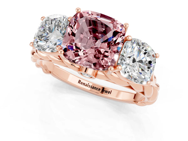 Rose gold Three-Stone Cushion Cut Morganite Braided Band Ring with Four-Prong Setting