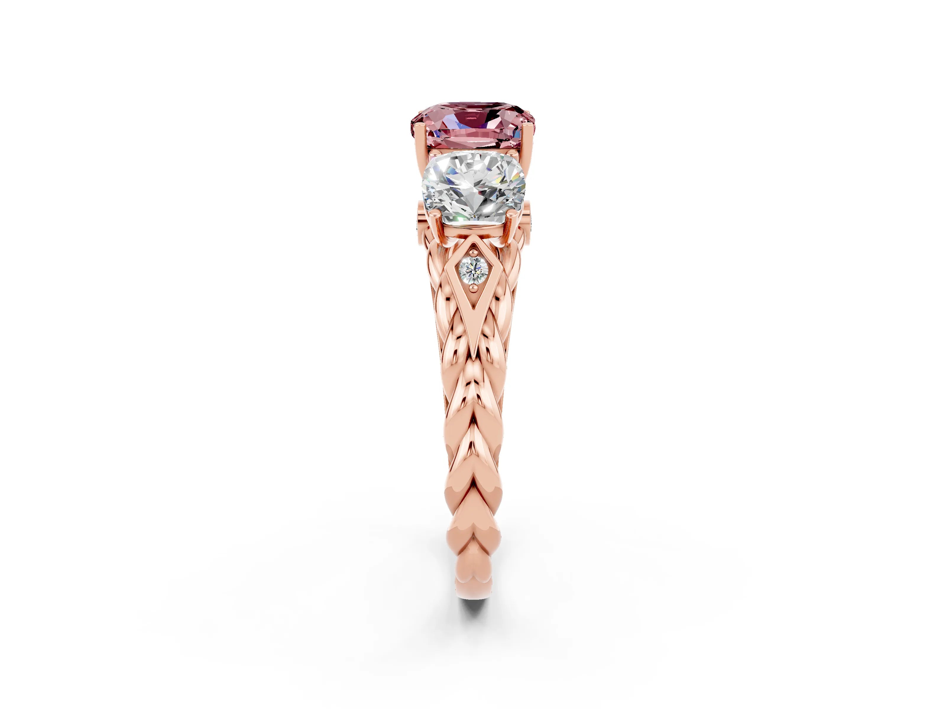 Rose gold Three-Stone Cushion Cut Morganite Braided Band Ring with Four-Prong Setting_14
