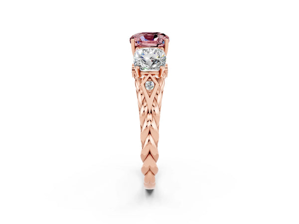 Rose gold Three-Stone Cushion Cut Morganite Braided Band Ring with Four-Prong Setting