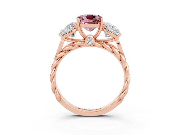 Rose gold Three-Stone Cushion Cut Morganite Braided Band Ring with Four-Prong Setting