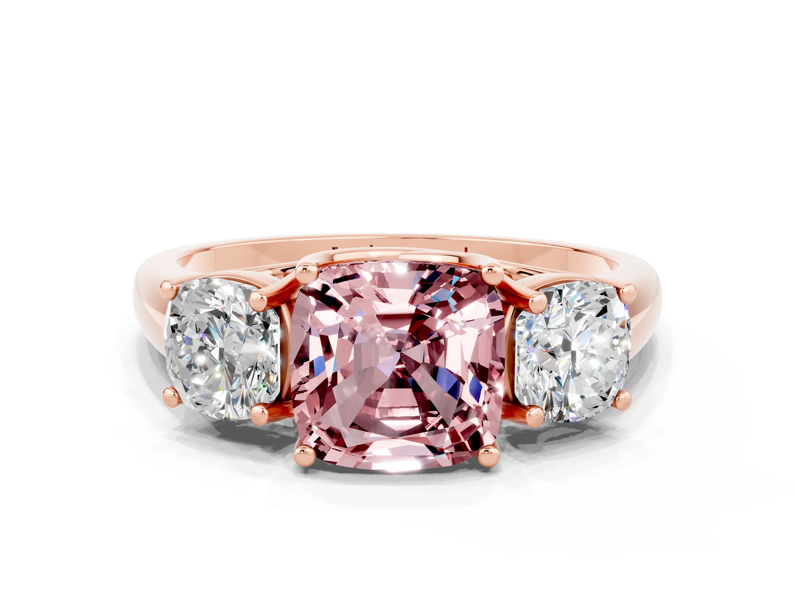 Rose gold Three-Stone Cushion Cut Morganite Engagement Ring with Prong Setting