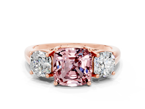 Rose gold Three-Stone Cushion Cut Morganite Engagement Ring with Prong Setting