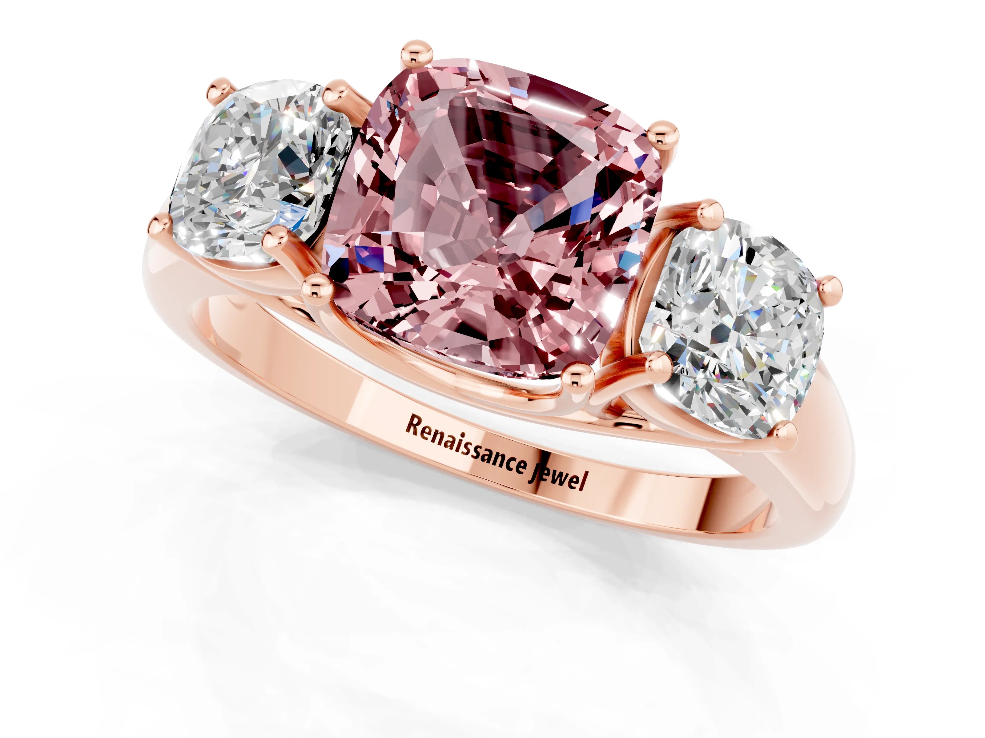 Rose gold Three-Stone Cushion Cut Morganite Engagement Ring with Prong Setting_1