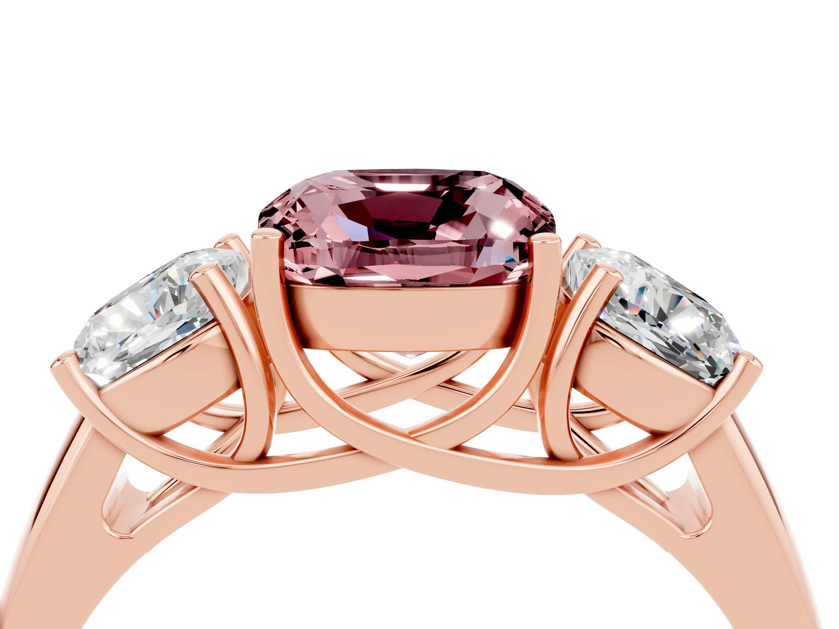 Rose gold Three-Stone Cushion Cut Morganite Engagement Ring with Prong Setting_4