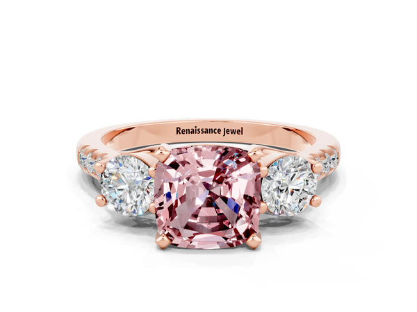 Rose gold Three-Stone Cushion Cut Morganite Pavé Band with Four-Prong Setting