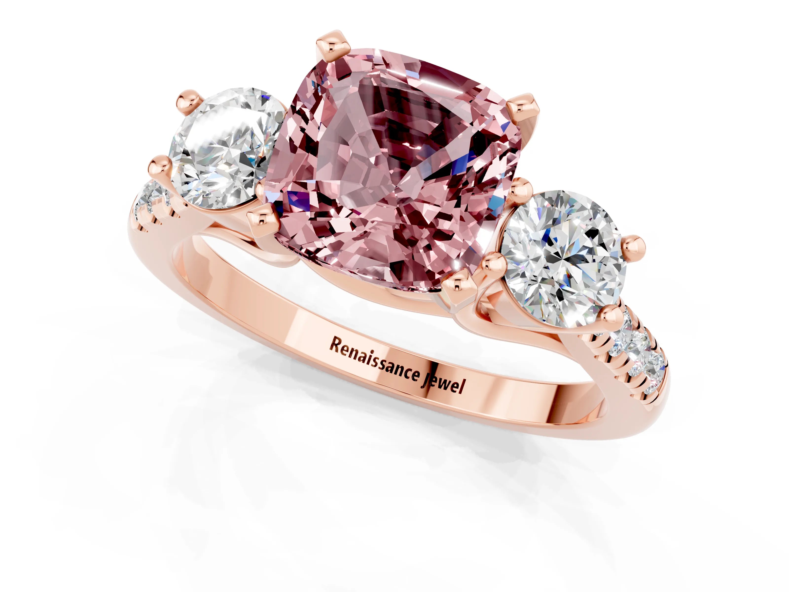 Rose gold Three-Stone Cushion Cut Morganite Pavé Band with Four-Prong Setting_1