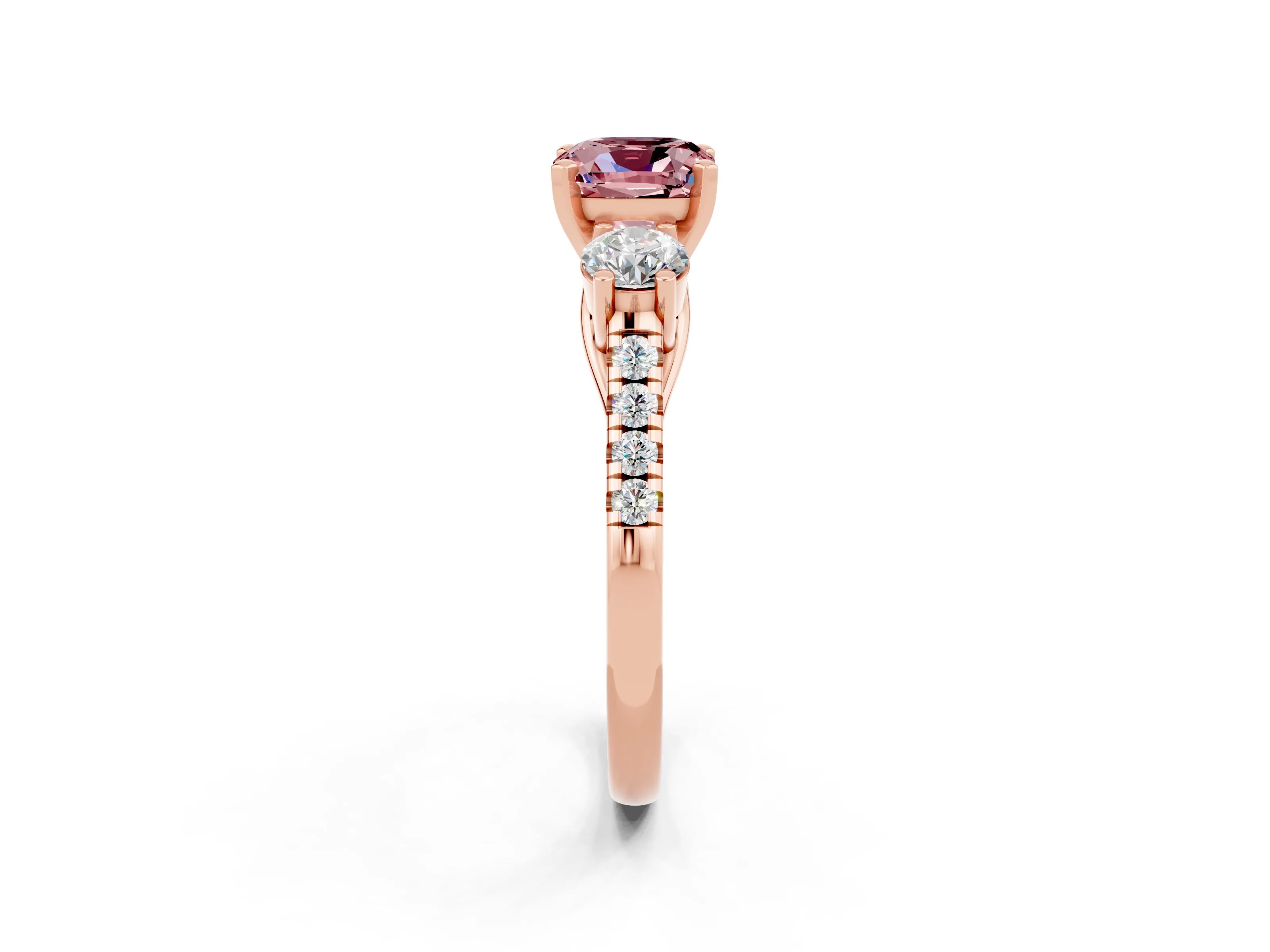 Rose gold Three-Stone Cushion Cut Morganite Pavé Band with Four-Prong Setting_2