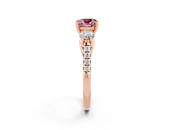 Rose gold Three-Stone Cushion Cut Morganite Pavé Band with Four-Prong Setting