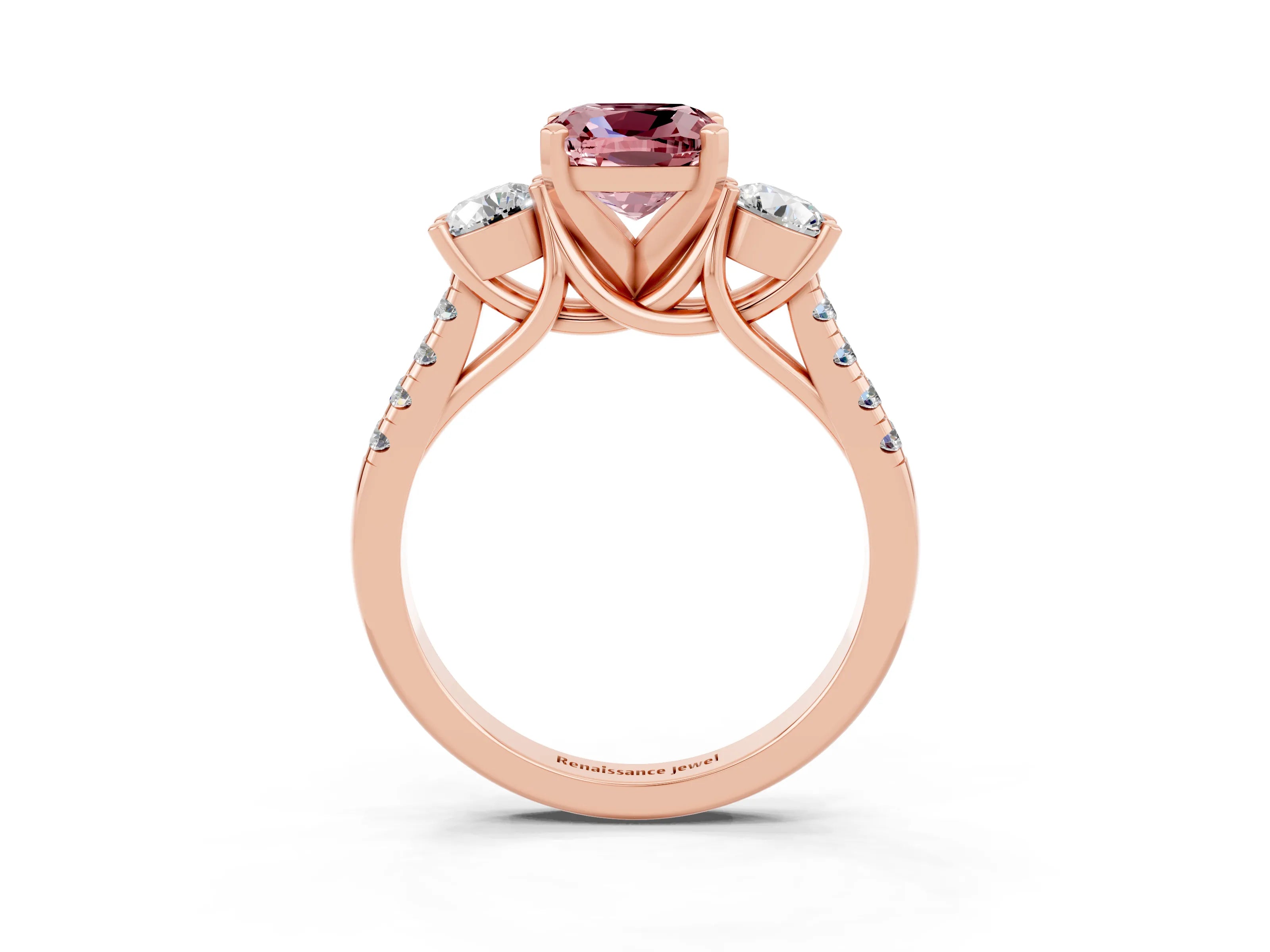 Rose gold Three-Stone Cushion Cut Morganite Pavé Band with Four-Prong Setting_3
