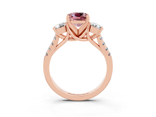 Rose gold Three-Stone Cushion Cut Morganite Pavé Band with Four-Prong Setting