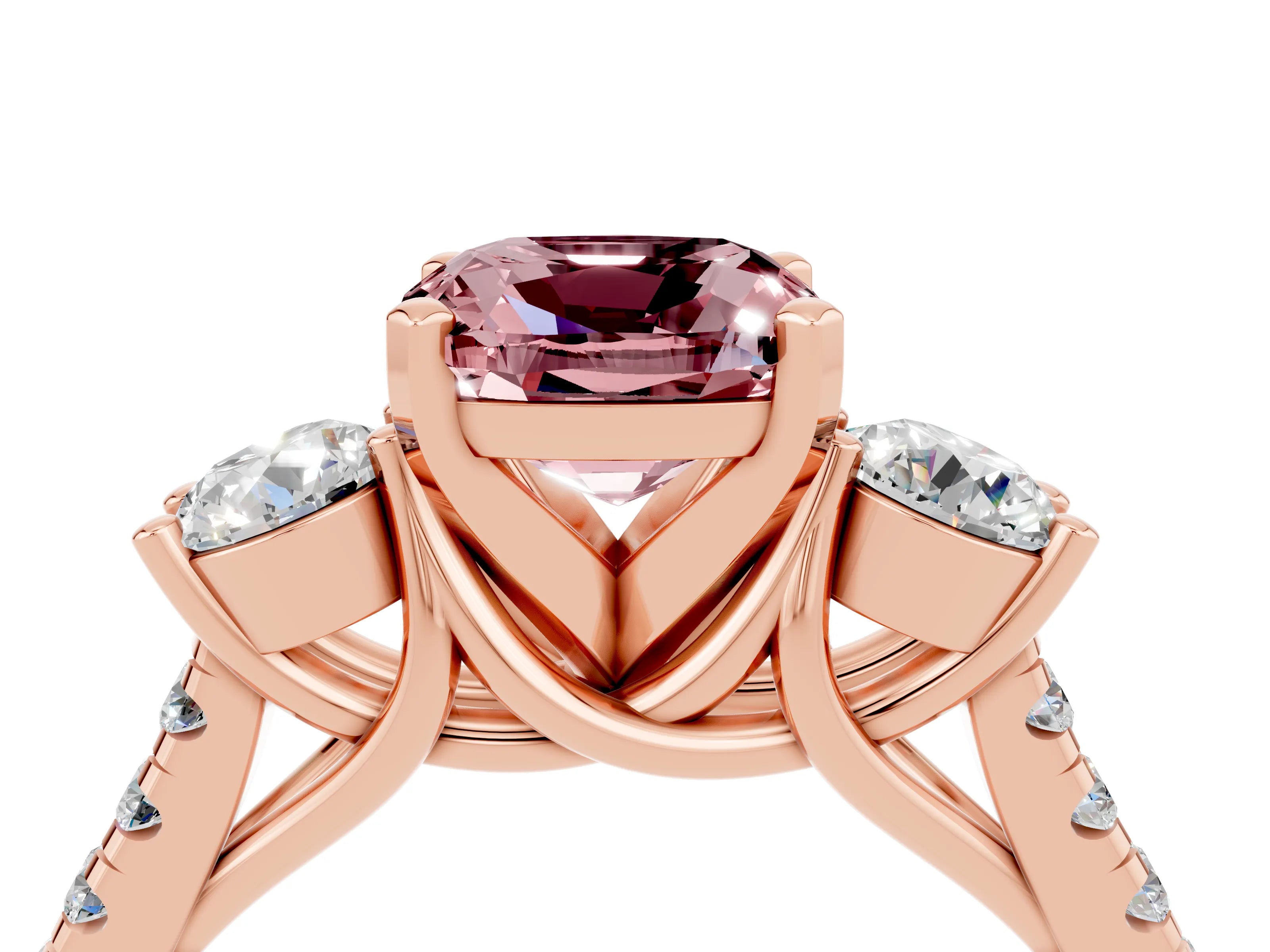 Rose gold Three-Stone Cushion Cut Morganite Pavé Band with Four-Prong Setting_4