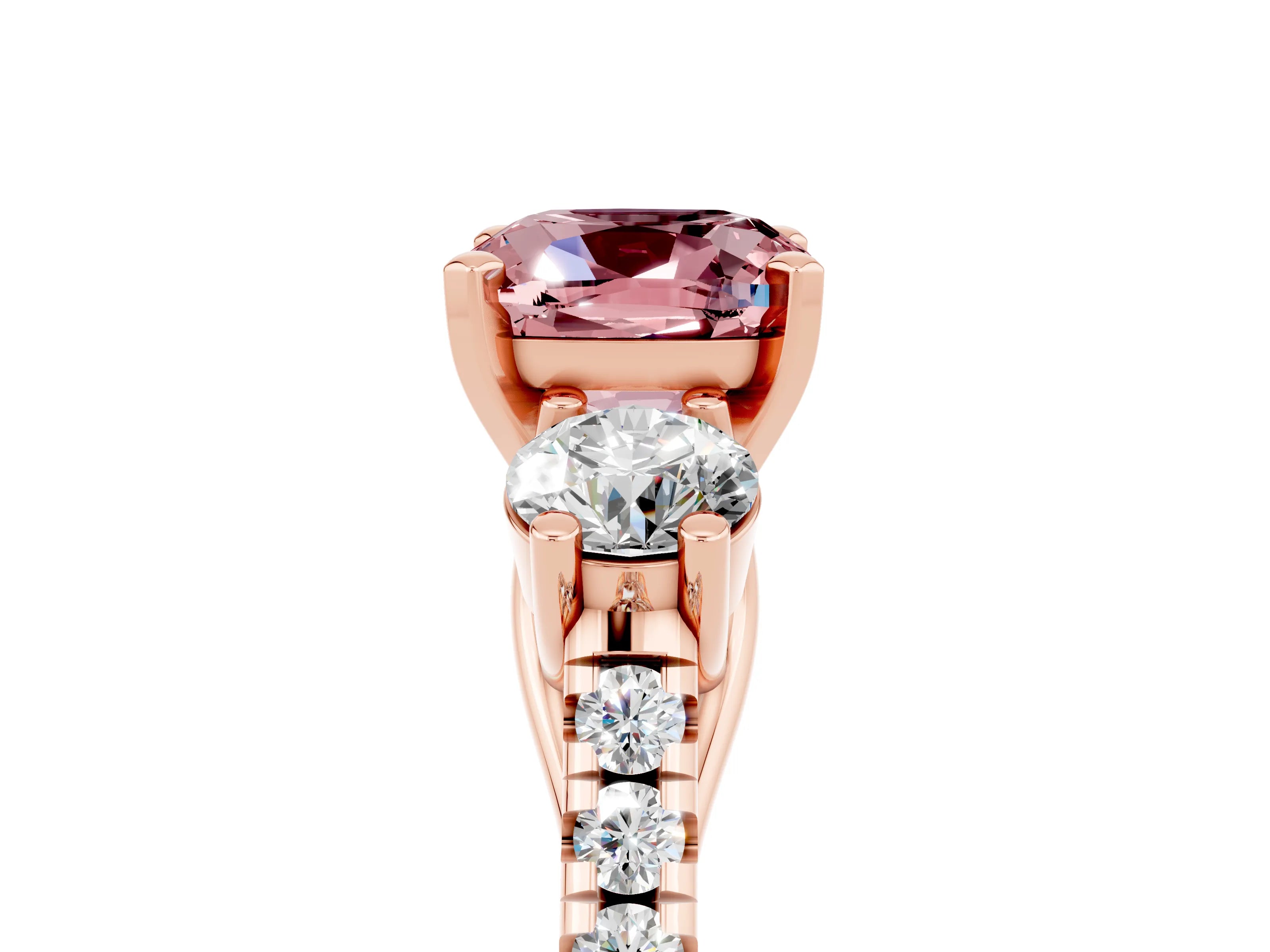 Rose gold Three-Stone Cushion Cut Morganite Pavé Band with Four-Prong Setting_5