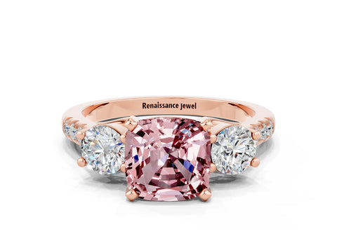 Rose gold Three-Stone Cushion Cut Morganite Pavé Band with Four-Prong Setting