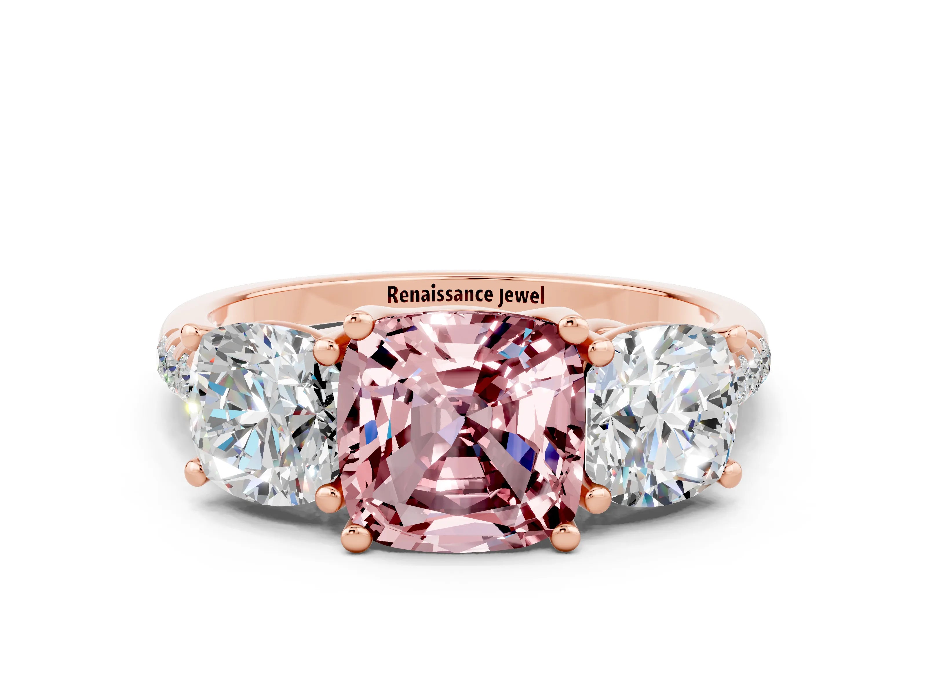 Rose gold Three-Stone Cushion Cut Morganite Ring with Pavé Band and Prong Setting_12
