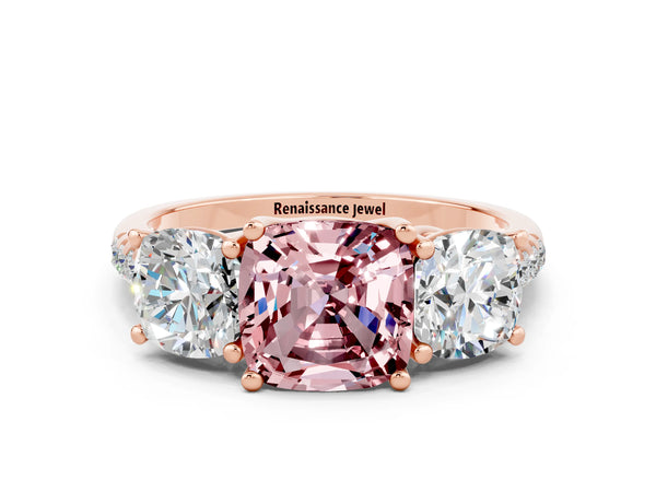 Rose gold Three-Stone Cushion Cut Morganite Ring with Round  Pavé Band and Prong Setting