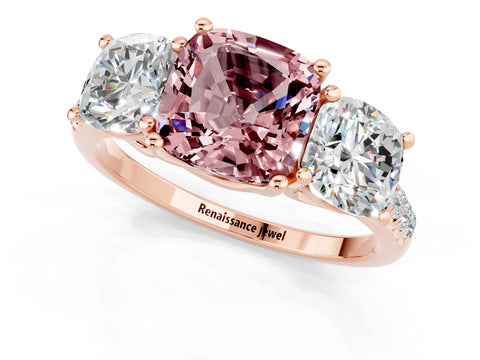 Rose gold Three-Stone Cushion Cut Morganite Ring with Pavé Band and Prong Setting_13
