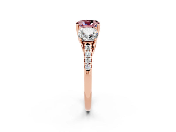 Rose gold Three-Stone Cushion Cut Morganite Ring with Round  Pavé Band and Prong Setting