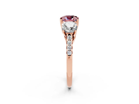 Rose gold Three-Stone Cushion Cut Morganite Ring with Pavé Band and Prong Setting_14