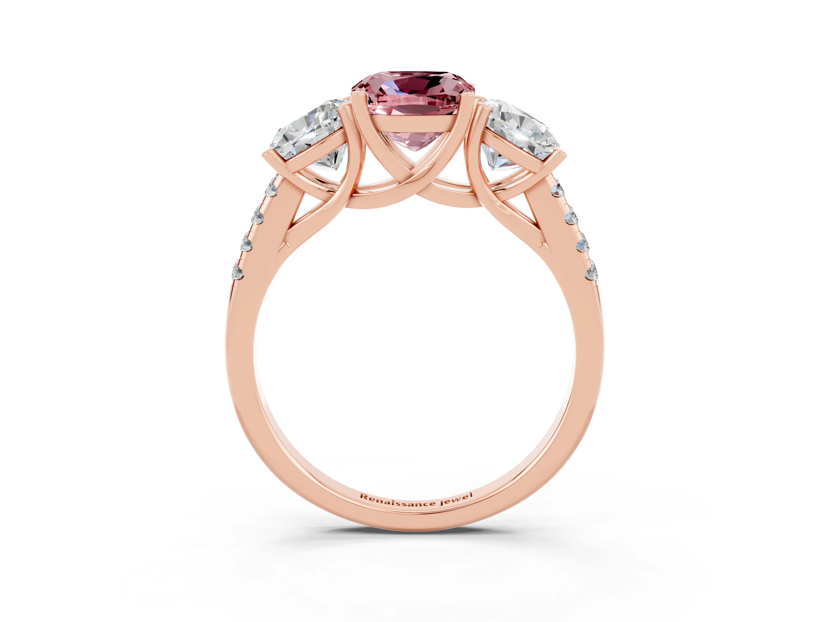 Rose gold Three-Stone Cushion Cut Morganite Ring with Pavé Band and Prong Setting_15