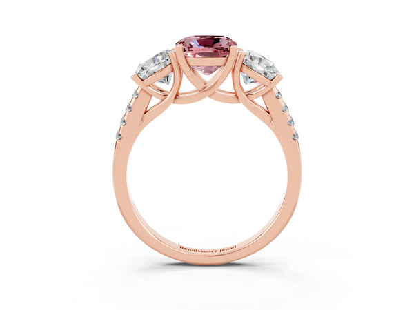 Rose gold Three-Stone Cushion Cut Morganite Ring with Round  Pavé Band and Prong Setting