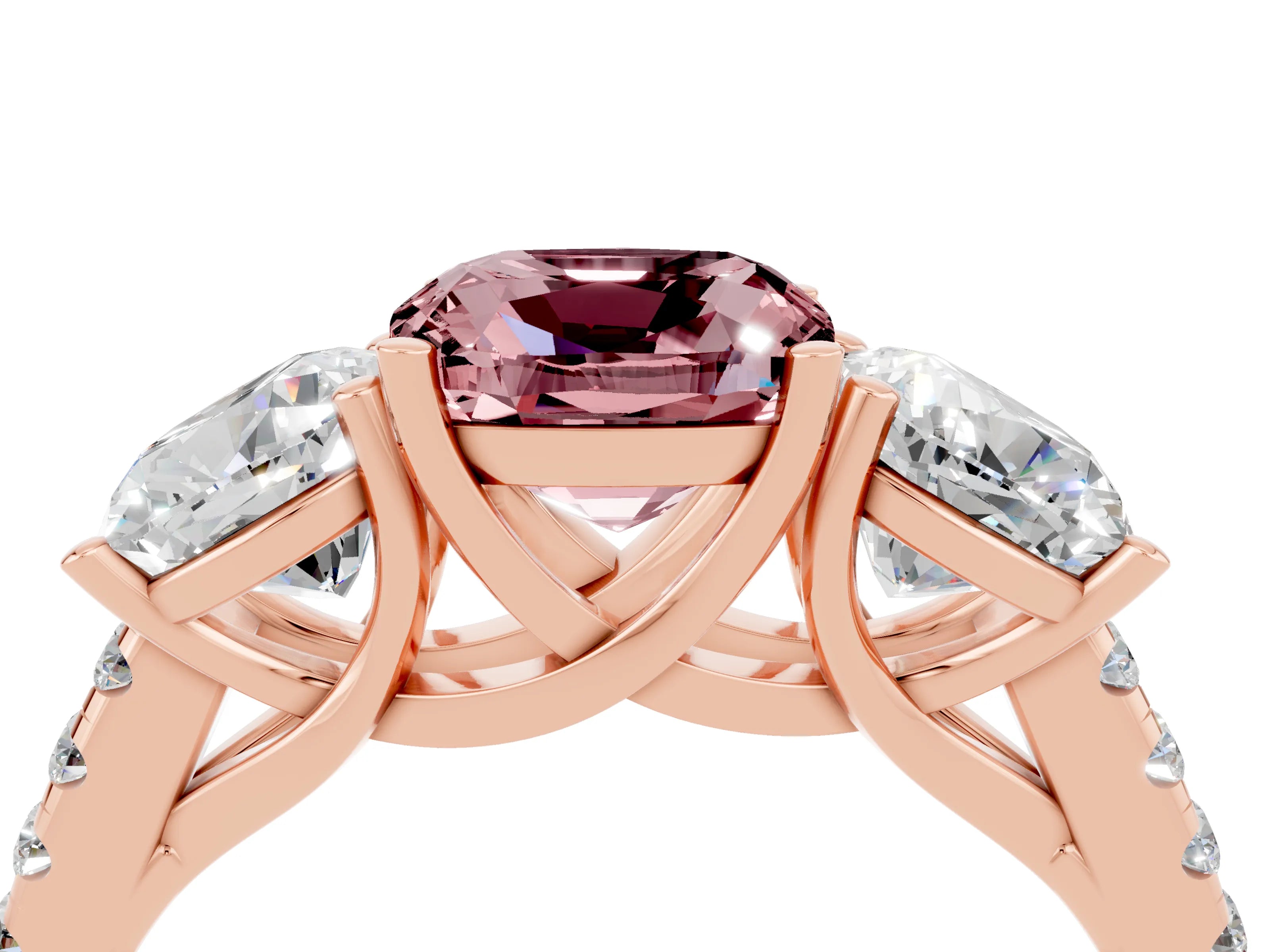 Rose gold Three-Stone Cushion Cut Morganite Ring with Pavé Band and Prong Setting_16