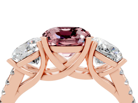 Rose gold Three-Stone Cushion Cut Morganite Ring with Pavé Band and Prong Setting_16