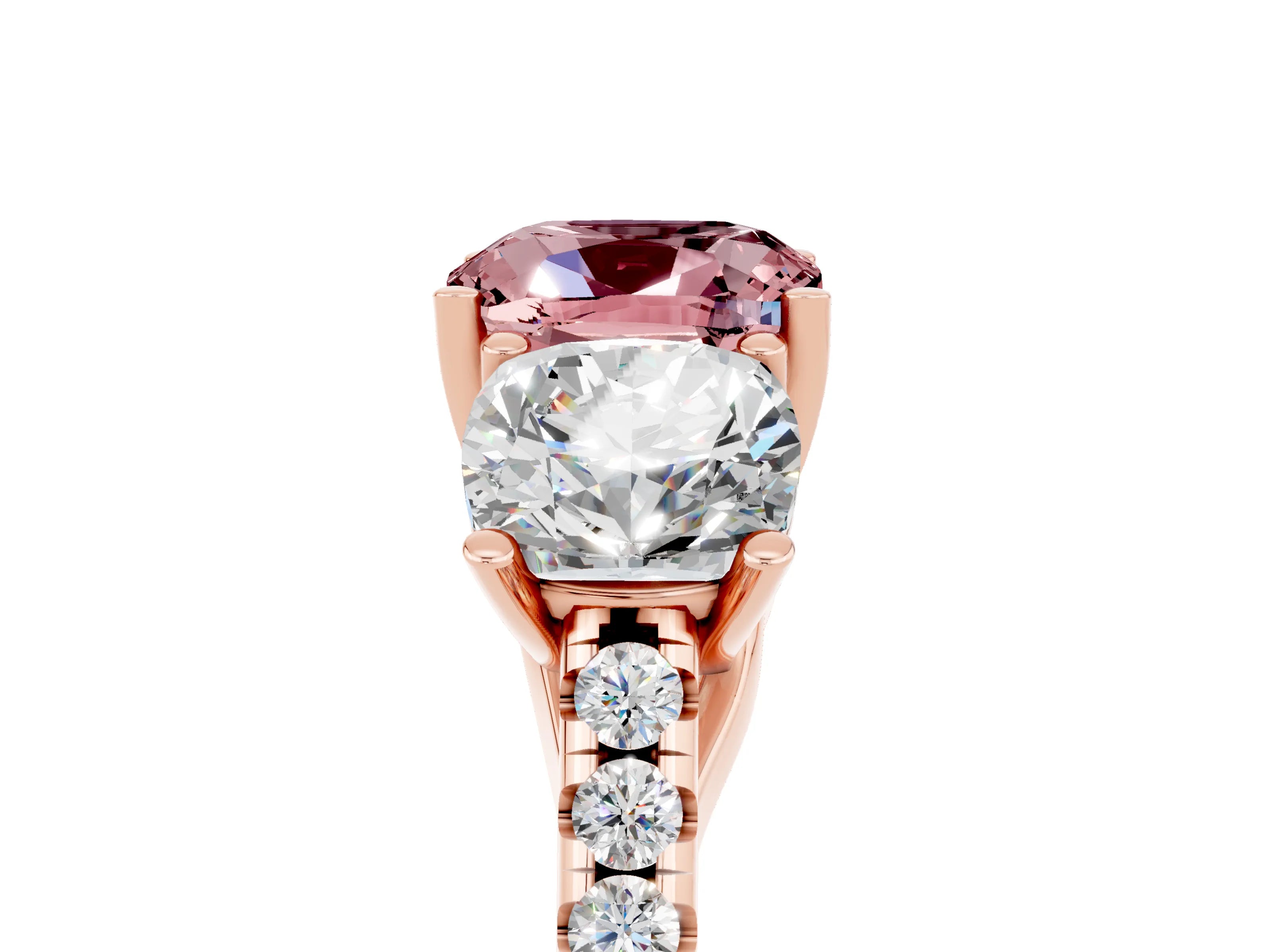 Rose gold Three-Stone Cushion Cut Morganite Ring with Pavé Band and Prong Setting_17