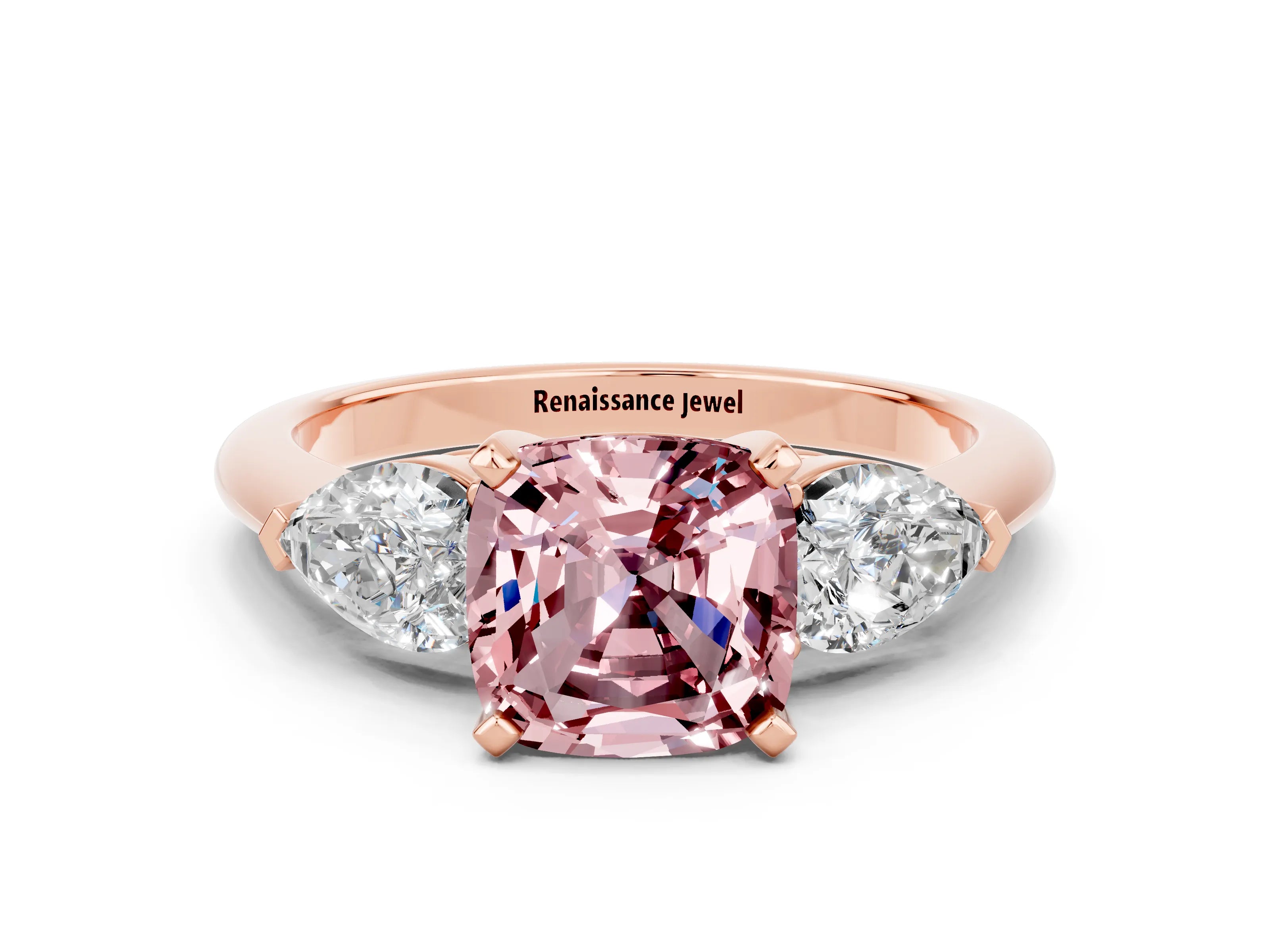 Rose gold Three-Stone Cushion Cut Morganite Ring with Pear Side Stones and Four-Prong Setting