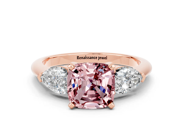 Rose gold Three-Stone Cushion Cut Morganite Ring with Pear Side Stones and Four-Prong Setting