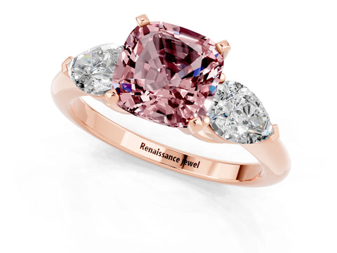 Rose gold Three-Stone Cushion Cut Morganite Ring with Pear Side Stones and Four-Prong Setting_1