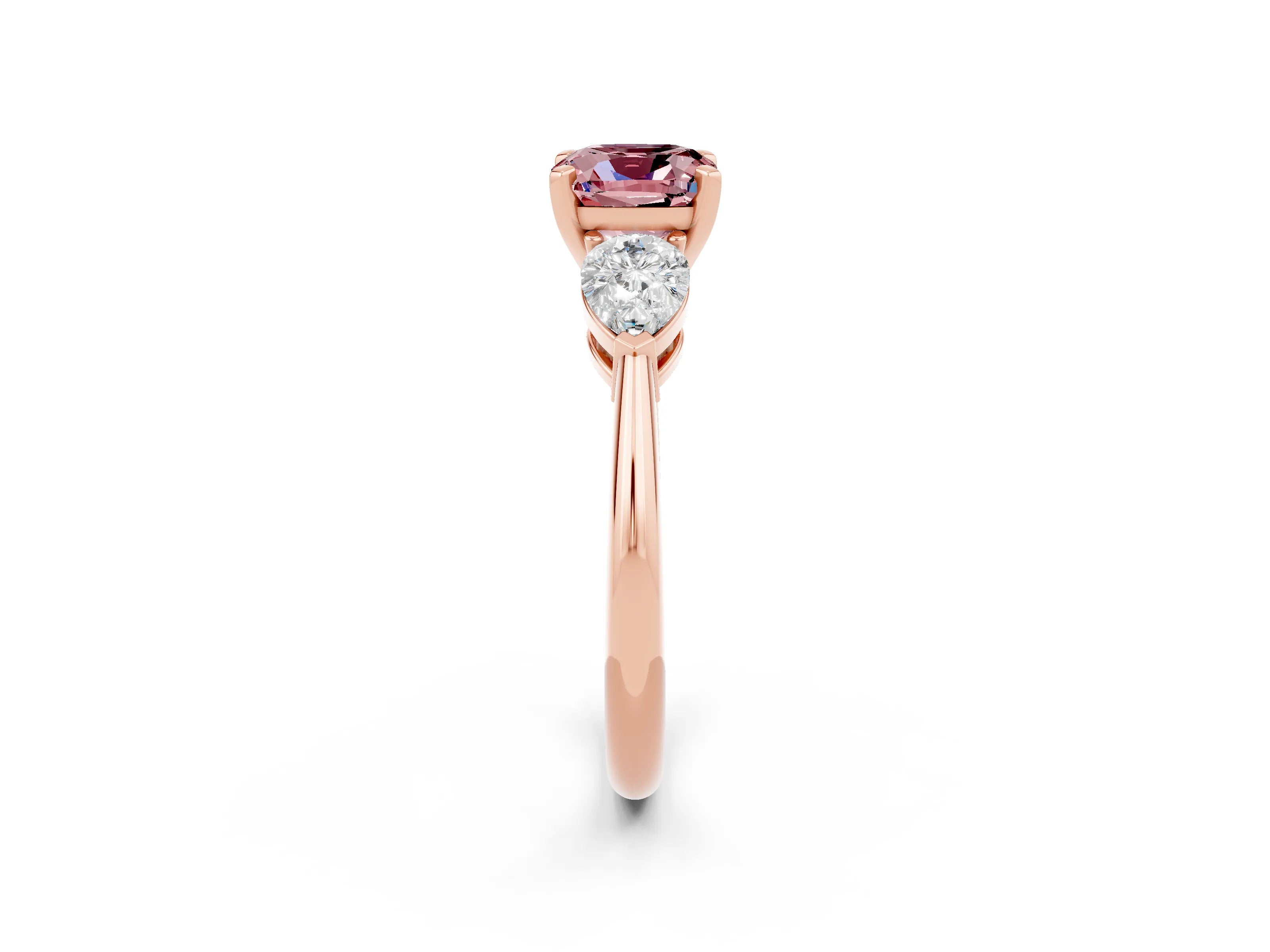 Rose gold Three-Stone Cushion Cut Morganite Ring with Pear Side Stones and Four-Prong Setting_2