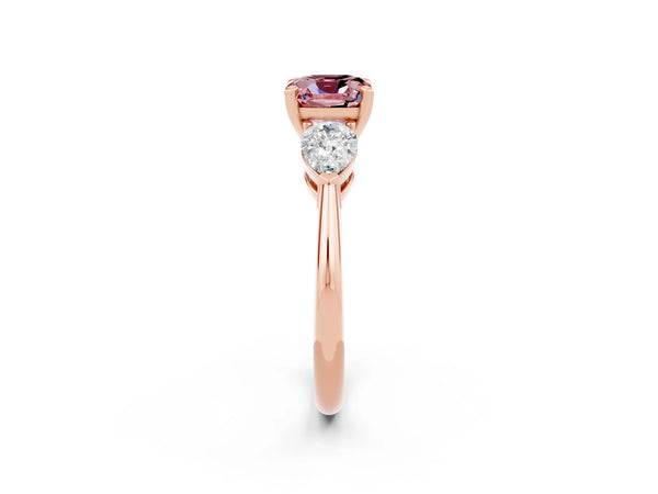 Rose gold Three-Stone Cushion Cut Morganite Ring with Pear Side Stones and Four-Prong Setting