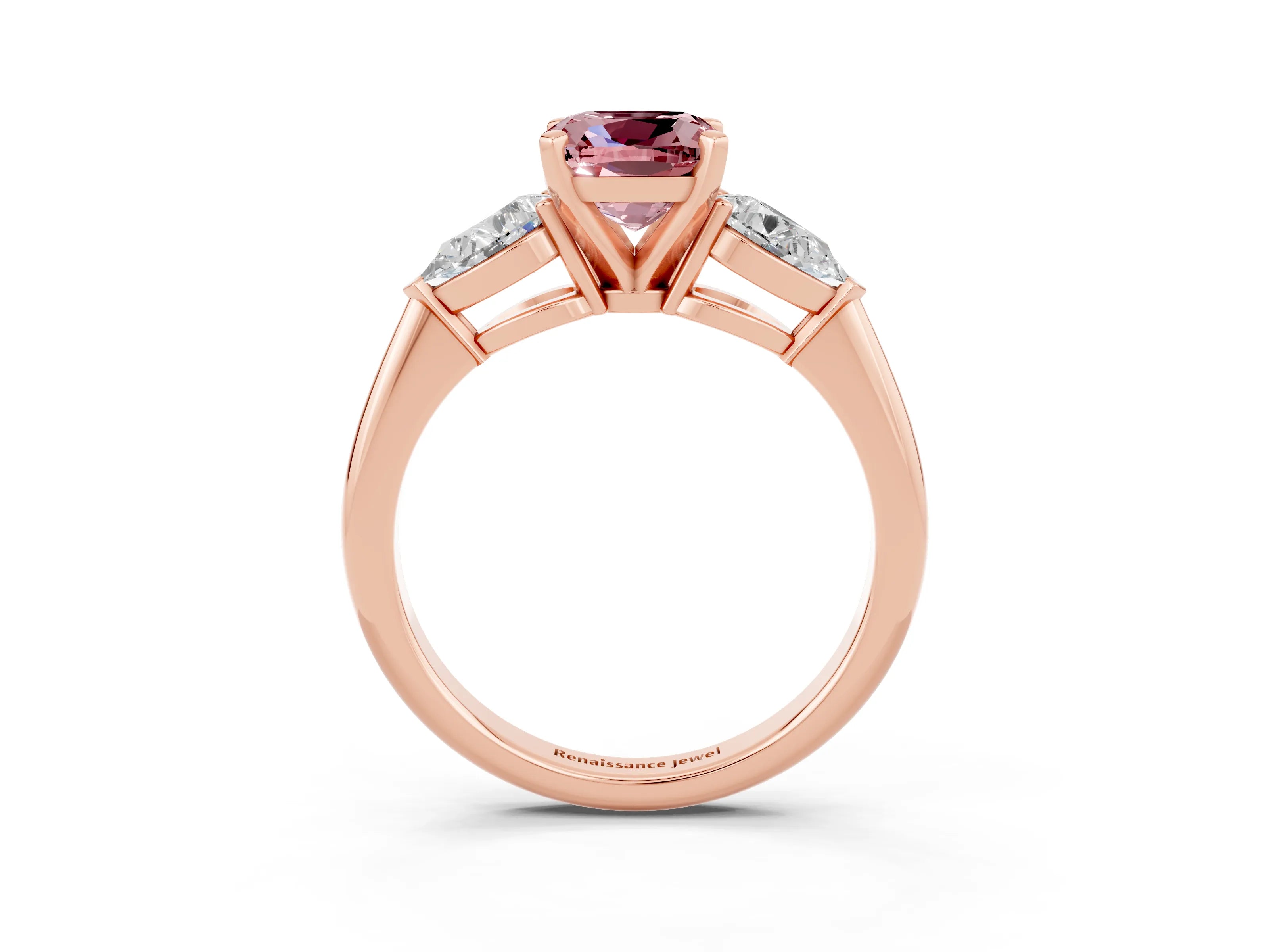 Rose gold Three-Stone Cushion Cut Morganite Ring with Pear Side Stones and Four-Prong Setting_3