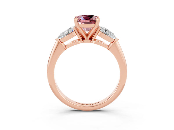 Rose gold Three-Stone Cushion Cut Morganite Ring with Pear Side Stones and Four-Prong Setting