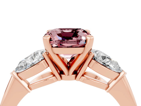 Rose gold Three-Stone Cushion Cut Morganite Ring with Pear Side Stones and Four-Prong Setting_4