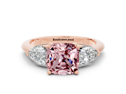 Rose gold Three-Stone Cushion Cut Morganite Ring with Pear Side Stones and Four-Prong Setting