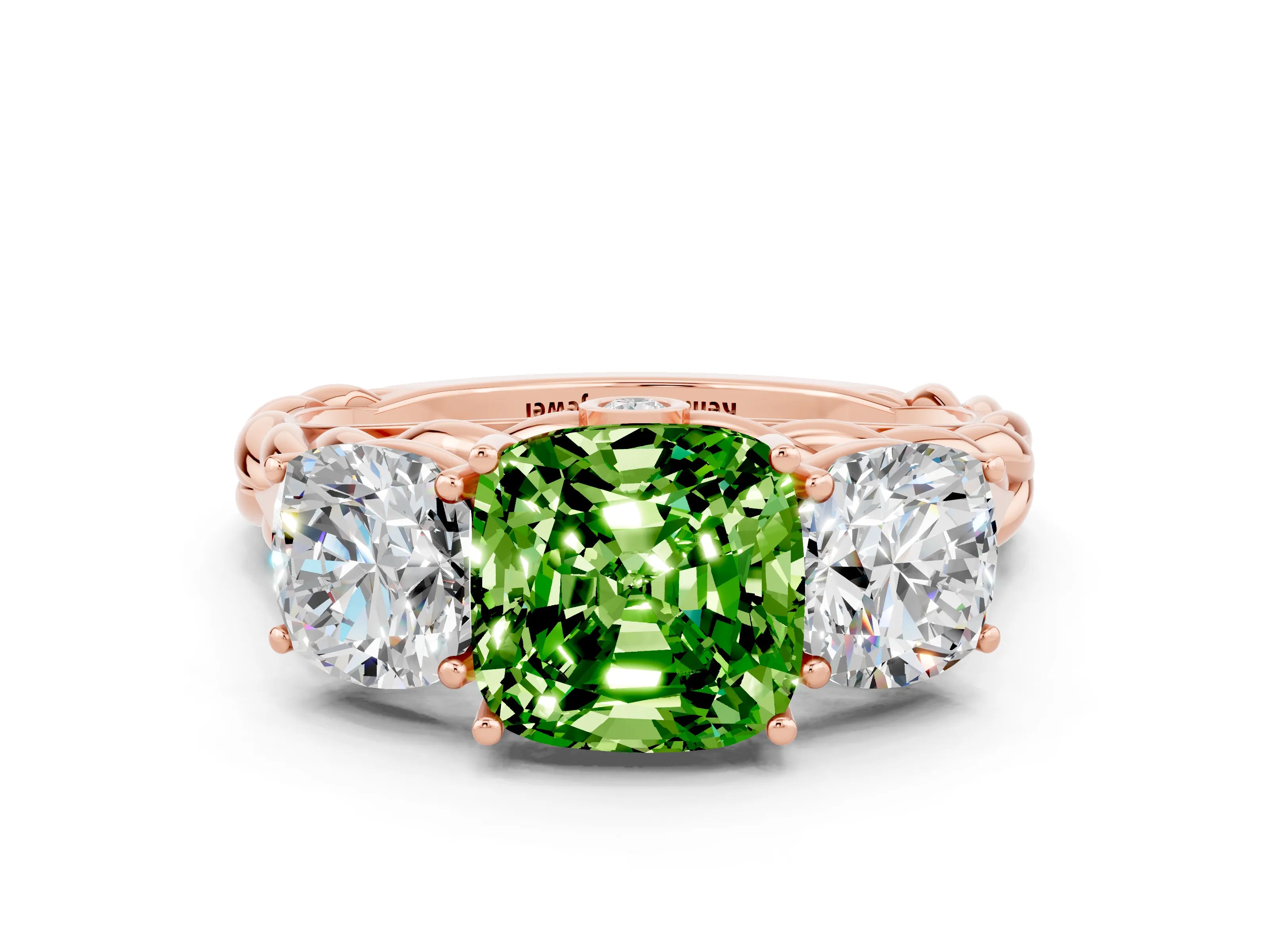 Rose gold Three-Stone Cushion Cut Peridot Braided Band Ring with Four-Prong Setting_12