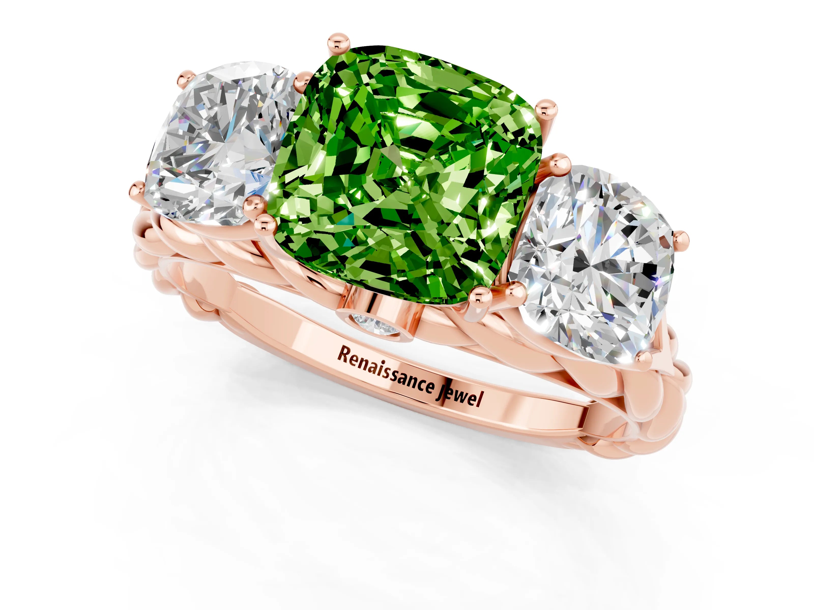 Rose gold Three-Stone Cushion Cut Peridot Braided Band Ring with Four-Prong Setting_13