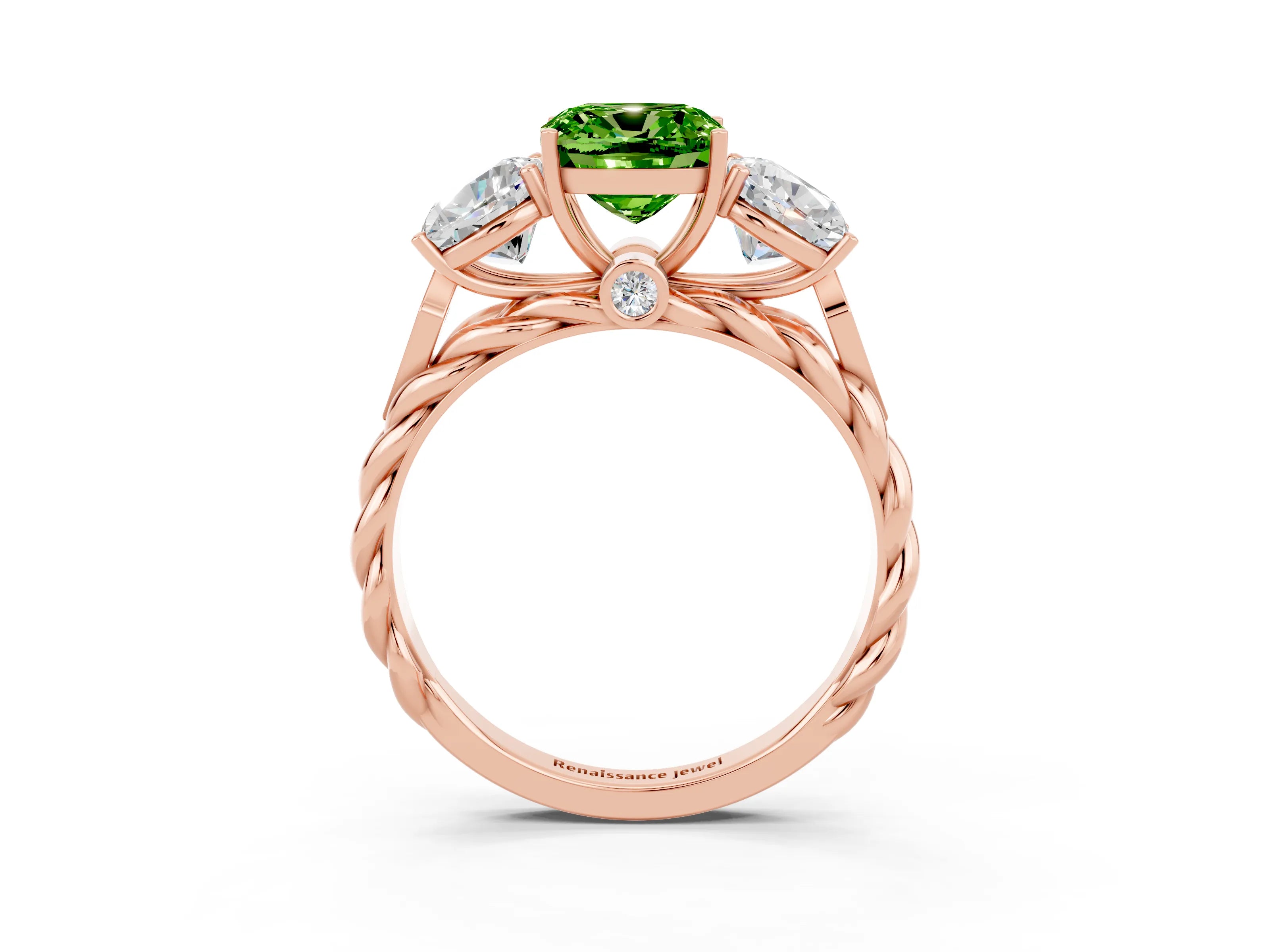 Rose gold Three-Stone Cushion Cut Peridot Braided Band Ring with Four-Prong Setting_15