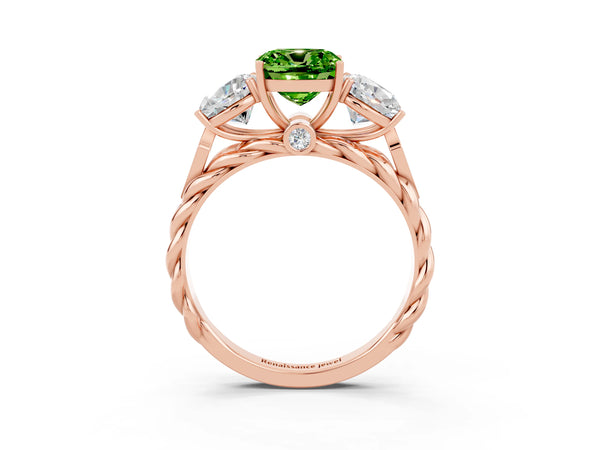 Rose gold Three-Stone Cushion Cut Peridot Braided Band Ring with Four-Prong Setting