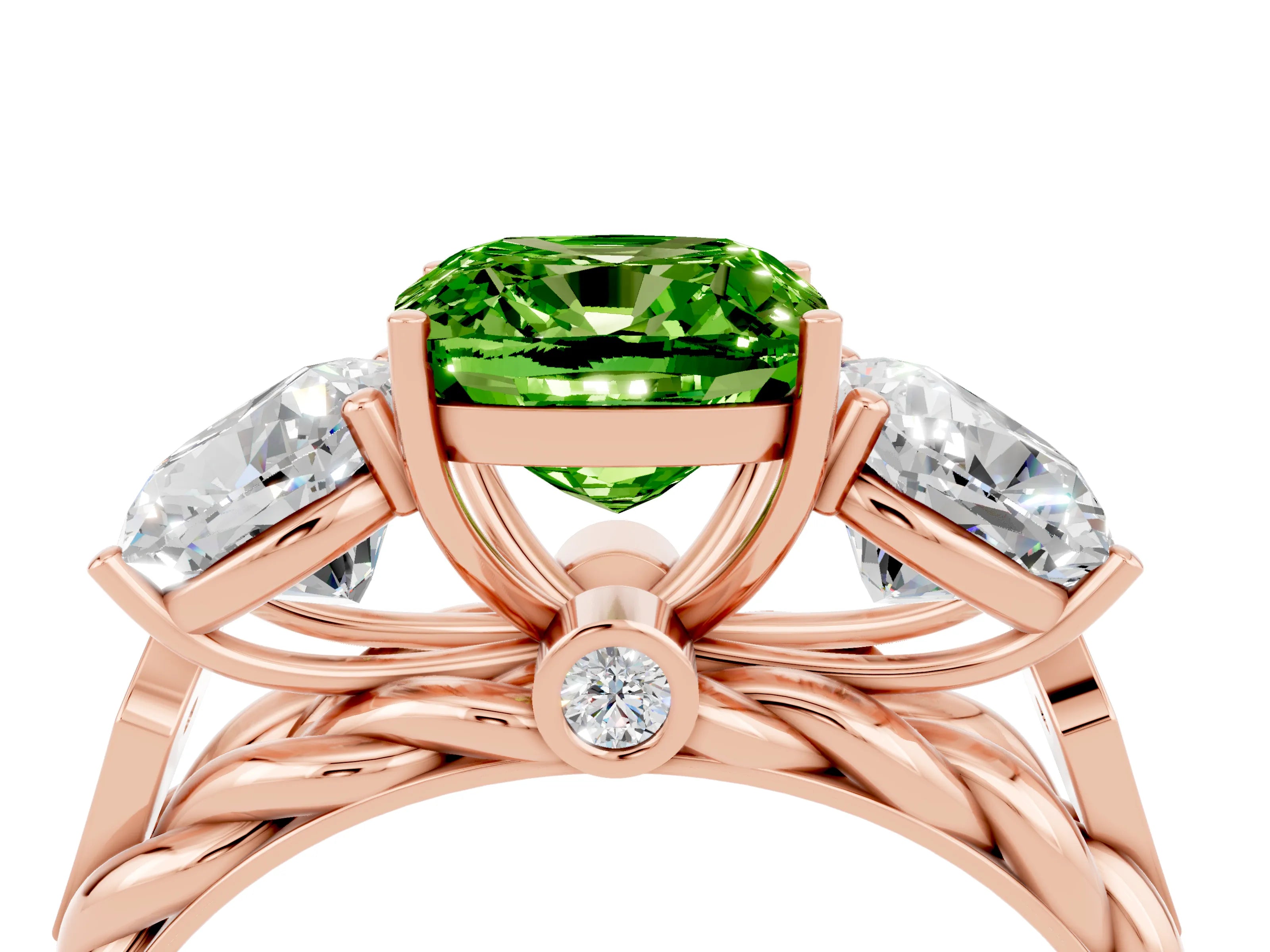 Rose gold Three-Stone Cushion Cut Peridot Braided Band Ring with Four-Prong Setting_16