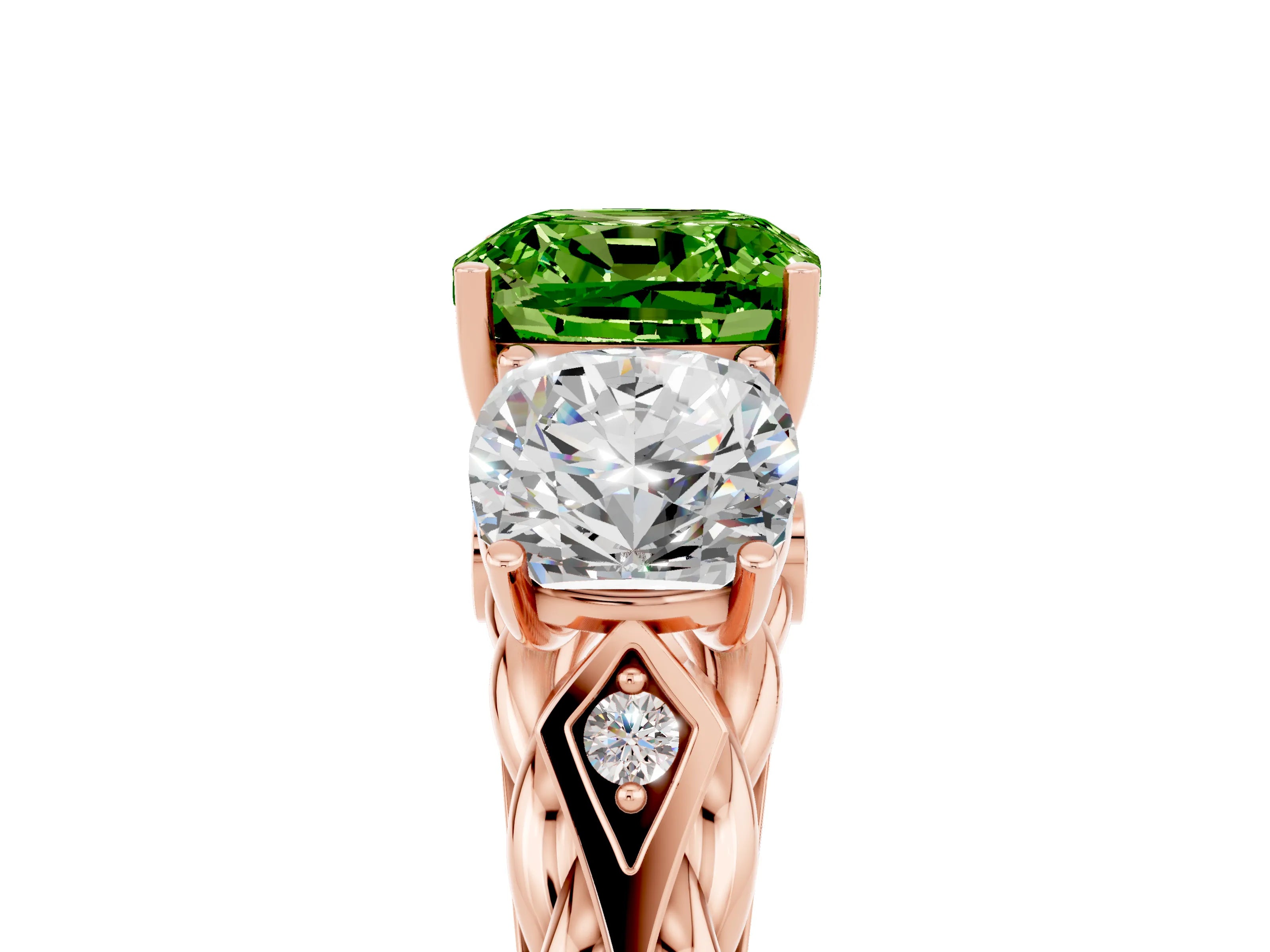 Rose gold Three-Stone Cushion Cut Peridot Braided Band Ring with Four-Prong Setting_17